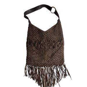 Lucky Brand Daisy Macrame Leather Fringe Hobo Bag Brown Suede Festival HKW0016